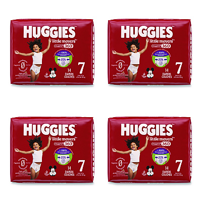 Huggies Little Movers HuggFit 360 Degree, Size 7, Over 41 lbs, Disney Design, 14 Diapers/Pack, 4 Packs/Carton (56609)