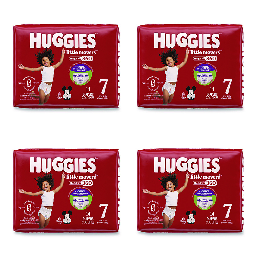Huggies Little Movers HuggFit 360 Degree, Size 7, Over 41 lbs, Disney Design, 14 Diapers/Pack, 4 Packs/Carton (56609)