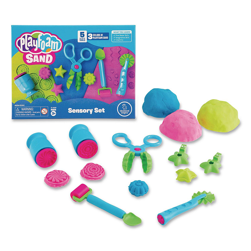 Educational Insights Playfoam Sand Sensory Set: Five Tools and Three Assorted Color 6 oz Packs of Sand, Ages 3 to 7, 8 Pieces (2232)