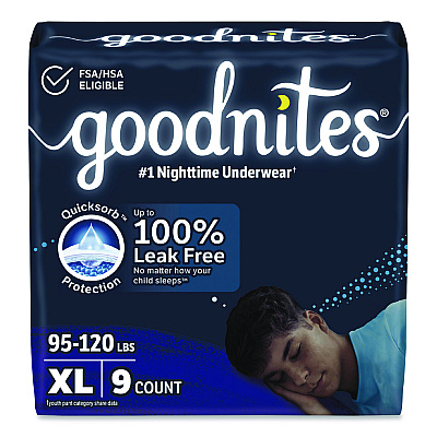Goodnites Nighttime Bedwetting Underwear for Boys, X-Large, 95 lbs to 140+ lbs, White, 9/Pack, 4 Packs/Carton (55592)
