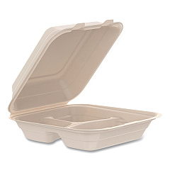 Dart Compostable Molded Fiber Hinged Trays, ProPlanet Seal, 3 Compartments, 8.65 x 7.94 x 2.98, Natural, 200/Carton (80FBRHT3)