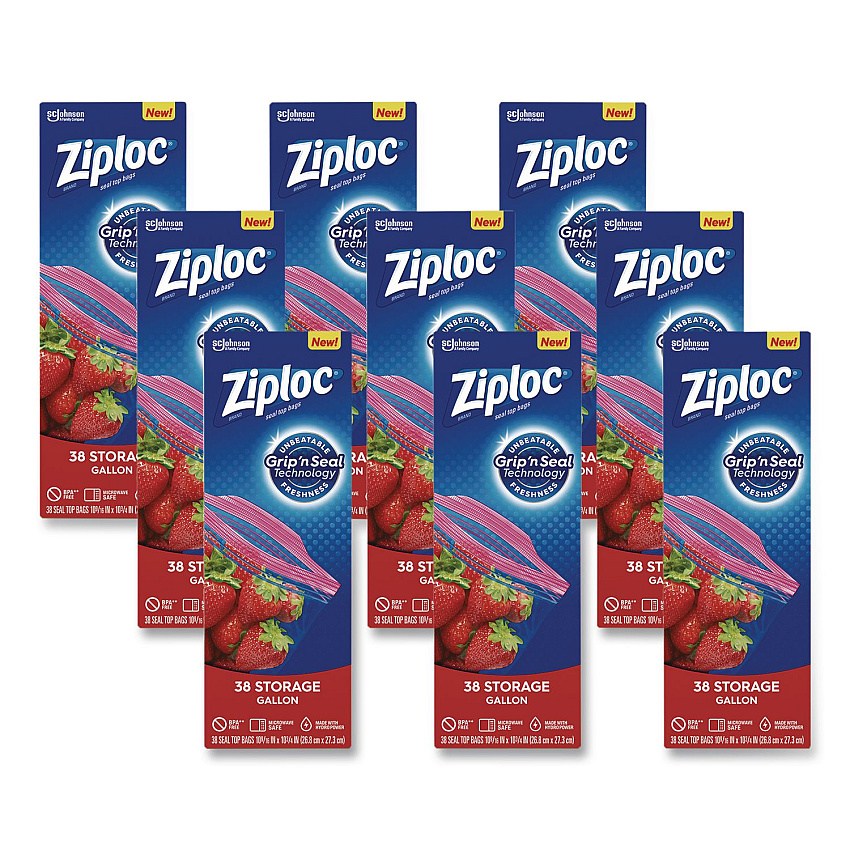 Ziploc Double Zipper Storage Bags, Triple System Seal, Gallon, 10.56" x 10.75", Clear, 38 Bags/Box, 9 Boxes/Carton (383233)