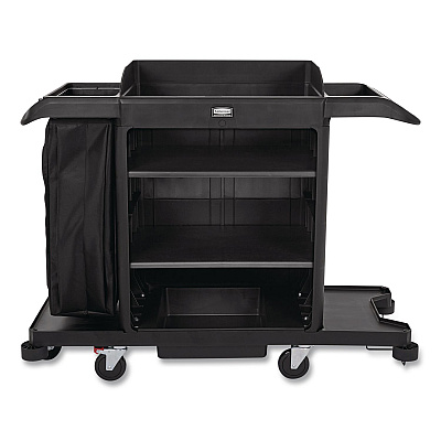 Rubbermaid Commercial Full-Size Housekeeping Cart, Plastic, 3 Shelves, 1 Bin, 24.4 x 62.4 x 49, Black (2202581)
