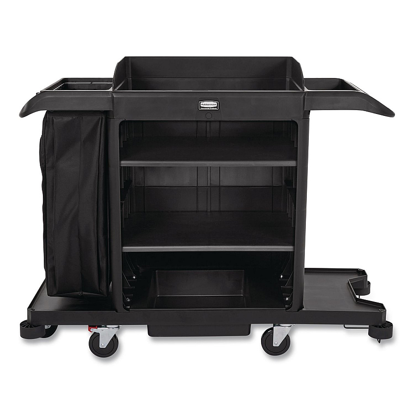 Rubbermaid Commercial Full-Size Housekeeping Cart, Plastic, 3 Shelves, 1 Bin, 24.4 x 62.4 x 49, Black (2202581)