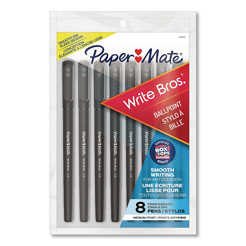 Paper Mate Write Bros. Ballpoint Pen, Stick, Medium 1 mm, Black Ink, Black Barrel, 8/Pack (2140570)