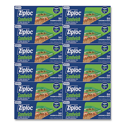 Ziploc Resealable Sandwich Bags, 6.5" x 5.88", Clear, 50 Bags/Box, 12 Boxes/Carton (383179)
