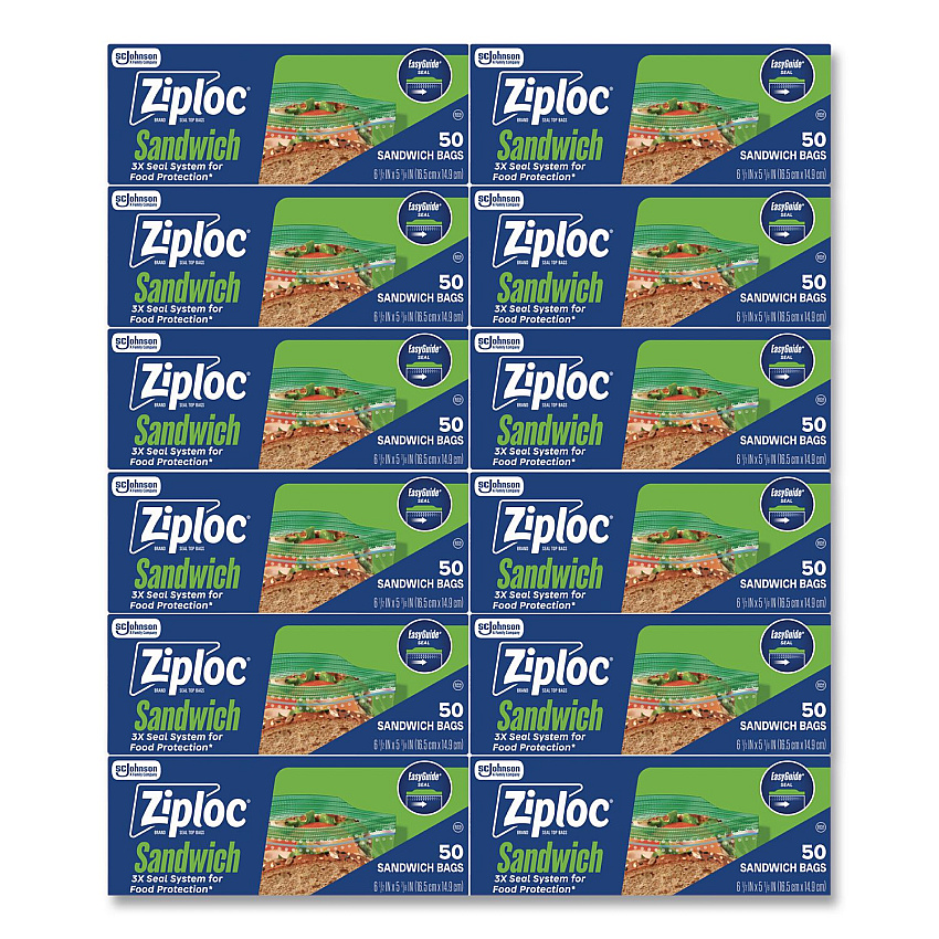 Ziploc Resealable Sandwich Bags, 6.5" x 5.88", Clear, 50 Bags/Box, 12 Boxes/Carton (383179)