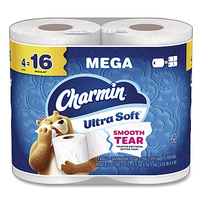 Charmin Ultra Soft Bathroom Tissue, Septic Safe, 2-Ply, White, 208 Sheets/Roll, 4 Rolls/Pack (19261PK)