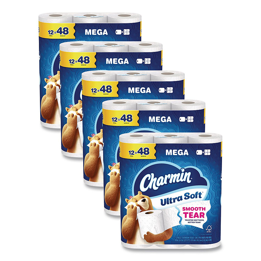 Charmin Ultra Soft Bathroom Tissue, Mega Roll, Septic Safe, 2-Ply, White, 208 Sheets/Roll, 12 Rolls/Pack, 5 Packs/Carton (17579CT)