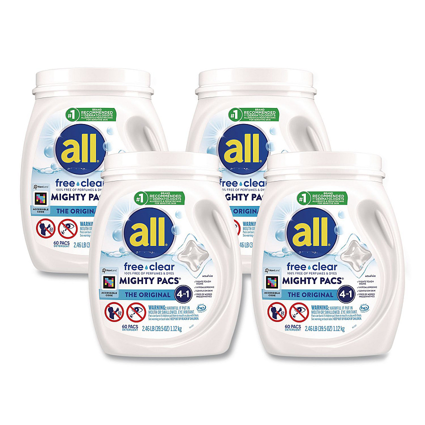 All MIGHTY PACS Free Clear Laundry Detergent, 60 Pods/Tub, 4 Tubs/Carton (46880)