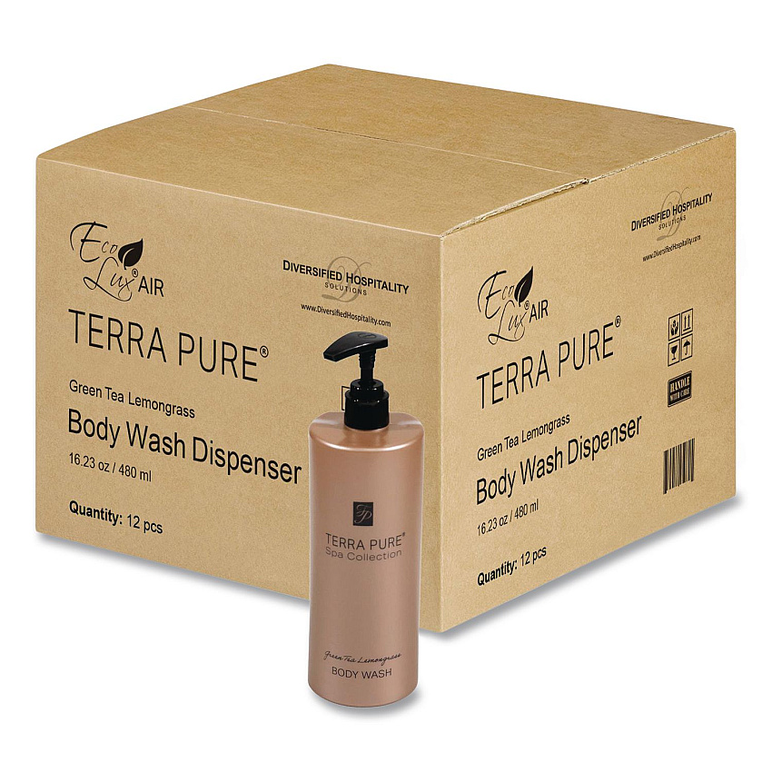 Diversified Hospitality Solutions Terra Pure Body Wash Air Pump, Green Tea Lemongrass, 16.23 oz Bottle, 12/Carton (458968)