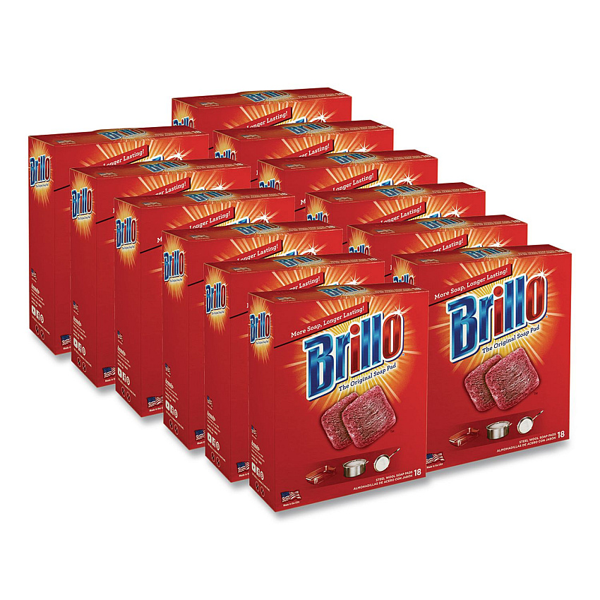 Brillo Steel Wool Soap Pads, 2.5 x 3, Gray/Pink, 18 Pads/Box, 12 Boxes/Carton (23318)