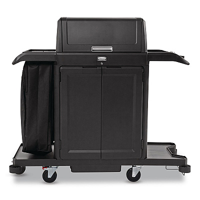 Rubbermaid Commercial Housekeeping Cart with Hood and Doors, Plastic, 4 Shelves,1 Bin, 24.4 x 62.4 x 56.9, Black (2202587)