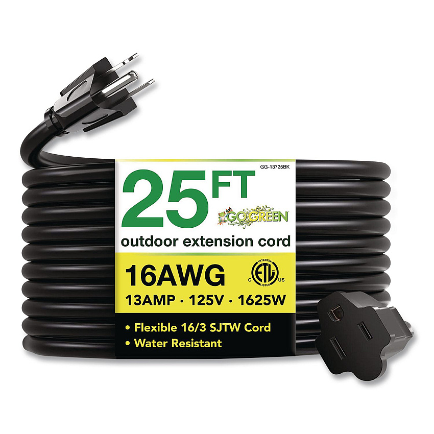 GoGreen Power 16 AWG Outdoor Extension Cord, 25 ft, 13 A, Black (13725BK)