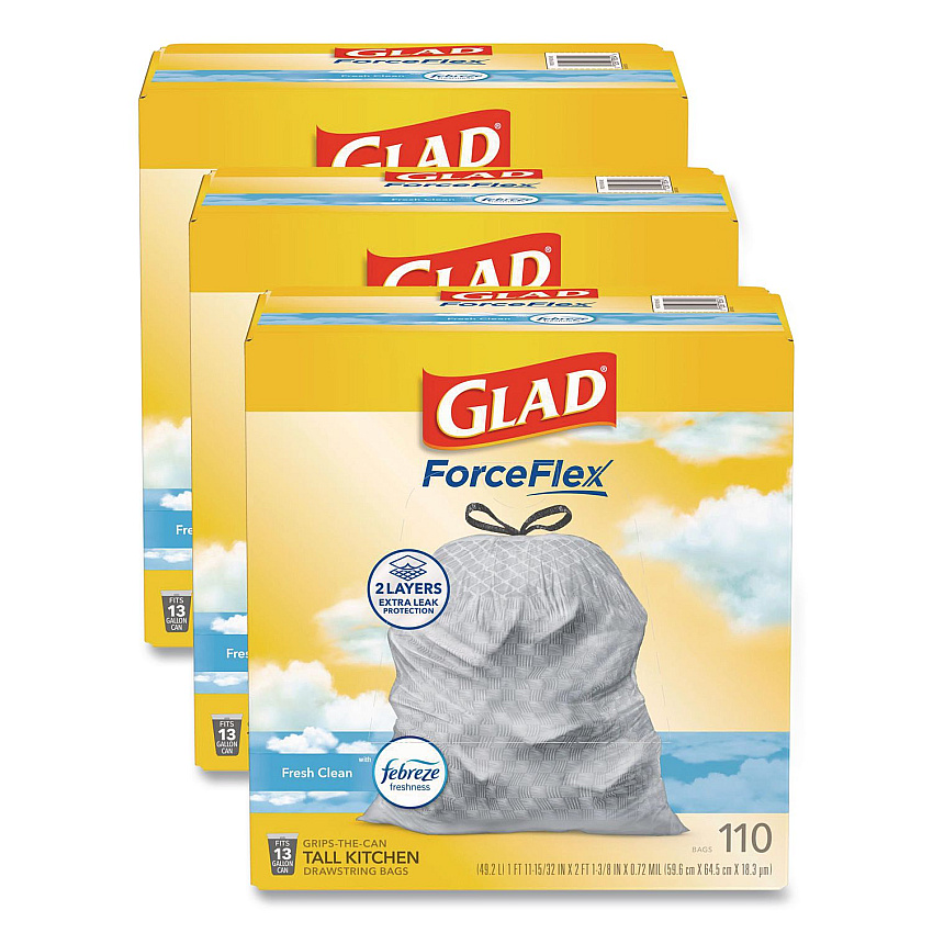 Glad ForceFlex Tall Kitchen Drawstring Trash Bags, Drawstring, 13 gal, Fresh Clean Scent, 10.19 x 9.81, Gray, 110/Roll, 3/Carton (78563CT)