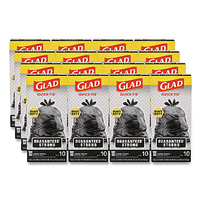 Glad Large Quick-Tie Trash Bags, Tie-Flap, 30 gal, 0.81 mil, 30 x 33, Black, 10 Bags/Box, 12 Boxes/Carton (00079CT)