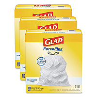 Glad ForceFlex Kitchen Drawstring Trash Bags, Drawstring, 13 gal, Unscented, 23.47 x 25.38, White, 110 Bags/Box, 3 Boxes/Carton (22541CT)