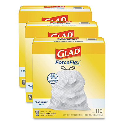 Glad ForceFlex Kitchen Drawstring Trash Bags, Drawstring, 13 gal, Unscented, 23.47 x 25.38, White, 110 Bags/Box, 3 Boxes/Carton (22541CT)