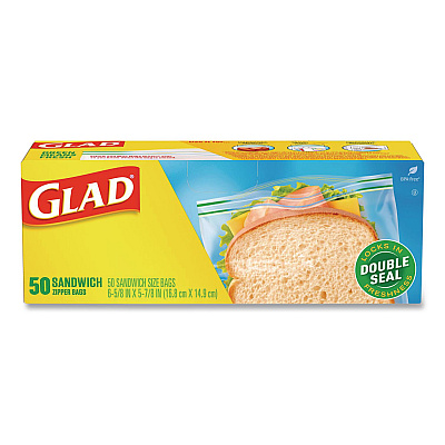Glad Zipper Food Storage Plastic Sandwich Bags, 6.63 x 5.88, Clear, 50 Bags/Box (57263BX)