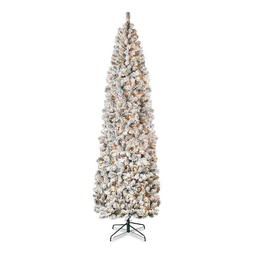 National Tree Company Pre-Lit Acacia Flocked Slim Tree, 35" x 35" x 108", Green Tree, Green Tree Stand (AC10030090F)