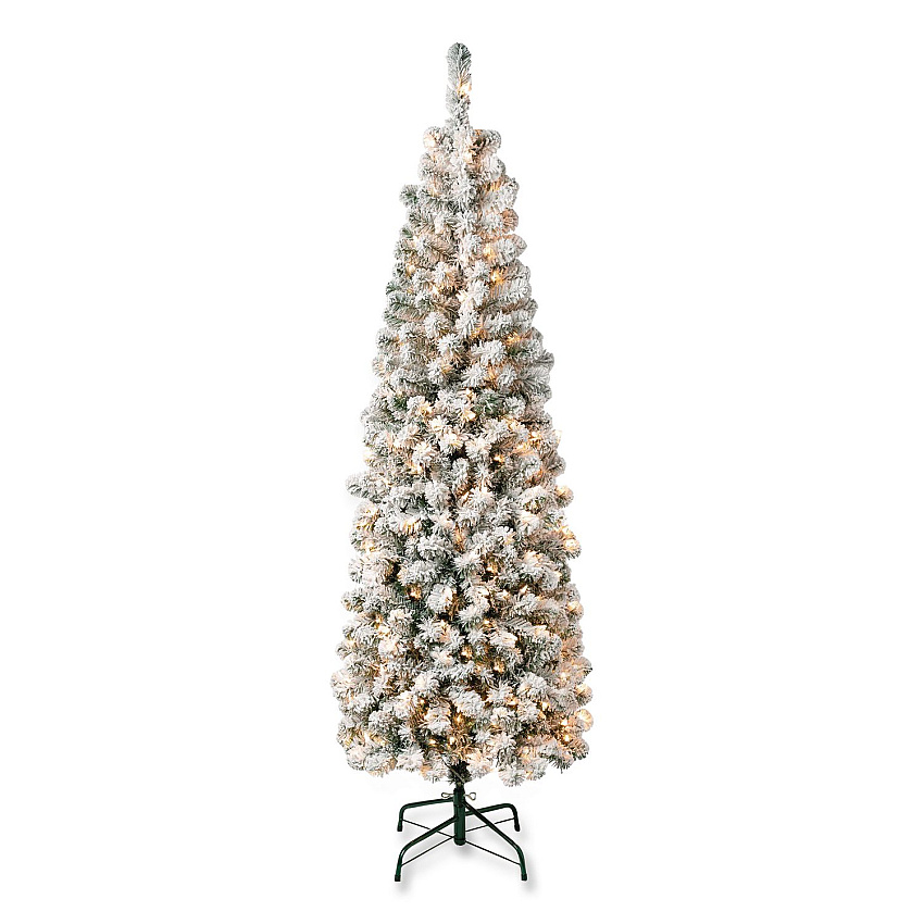 National Tree Company Pre-Lit Acacia Flocked Slim Tree, 24" x 24" x 70.8", Green Tree, Green Tree Stand (AC10030460F)
