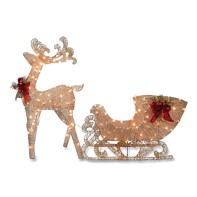 National Tree Company Champagne Reindeer Pulling Sleigh, AC Power, Warm White LED Lights, 13.5" x 24" x 48" Reindeer, 13.5" x 38.5" x 24" Sleigh (DF140009U)