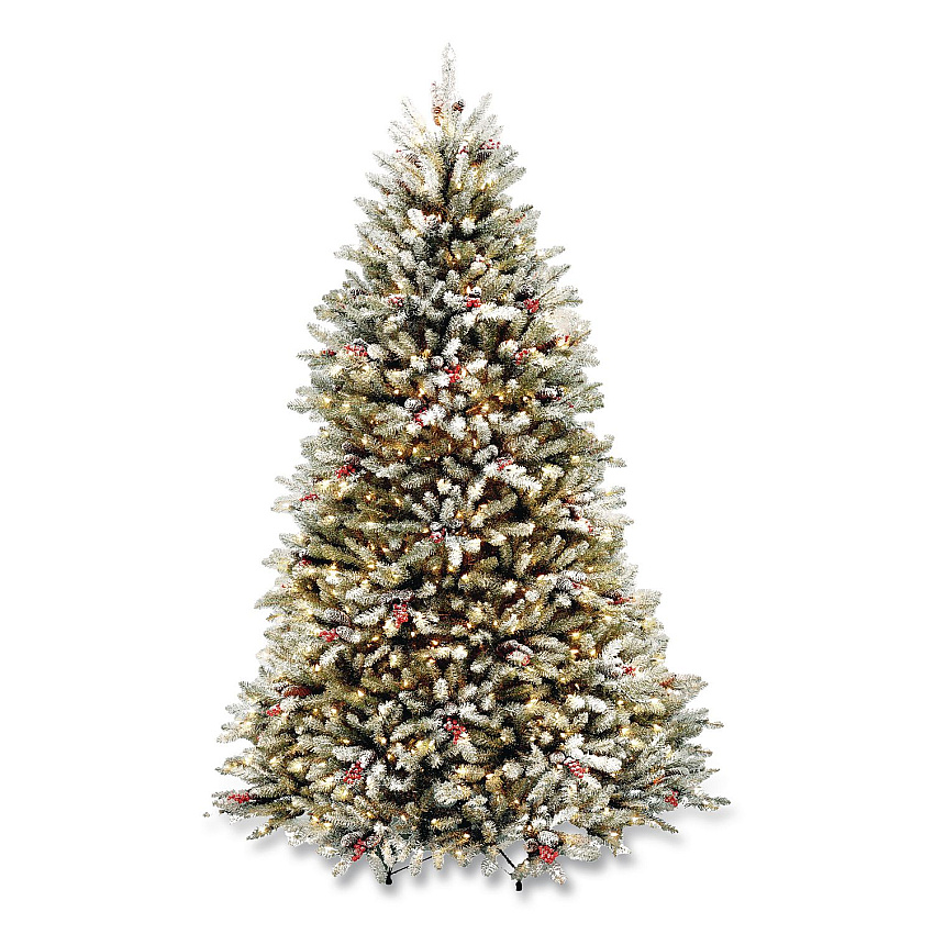 National Tree Company Pre-Lit Dunhill Fir Snowy Tree, 59" x 59" x 90", Green Tree, Green Tree Stand (DUF30075)