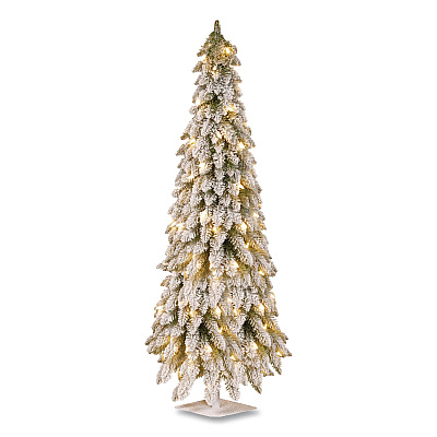 National Tree Company Pre-Lit Snowy Downswept Forest Slim Tree, 19" x 19" x 60", Green Tree, White Square Metal Plate (FTDF160ALO)