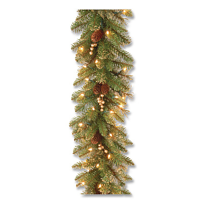 National Tree Company Pre-Lit Glittery Pine Gold Garland, AC Powered, Clear Incandescent Lights, 108" Long, Green (GPG33419A)