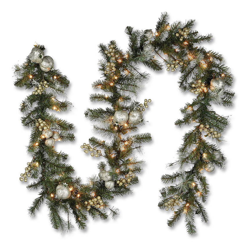 National Tree Company Pre-Lit Glittery Pine Pomegranate Garland, AC Powered, Clear Incandescent Lights, 108" Long, Green (GTP13029B1)