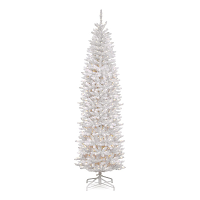 National Tree Company Pre-Lit Kingswood Fir Pencil Slim Tree, 35" x 35" x 108", White Tree, White Tree Stand (KWW730090)
