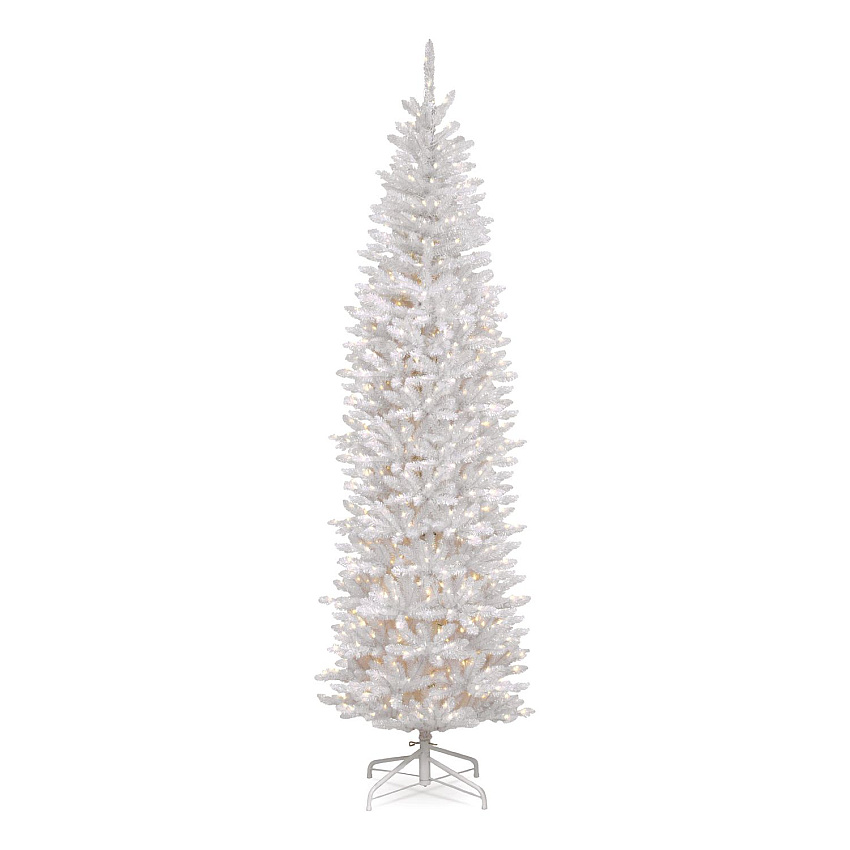 National Tree Company Pre-Lit Kingswood Fir Pencil Slim Tree, 35" x 35" x 108", White Tree, White Tree Stand (KWW730090)