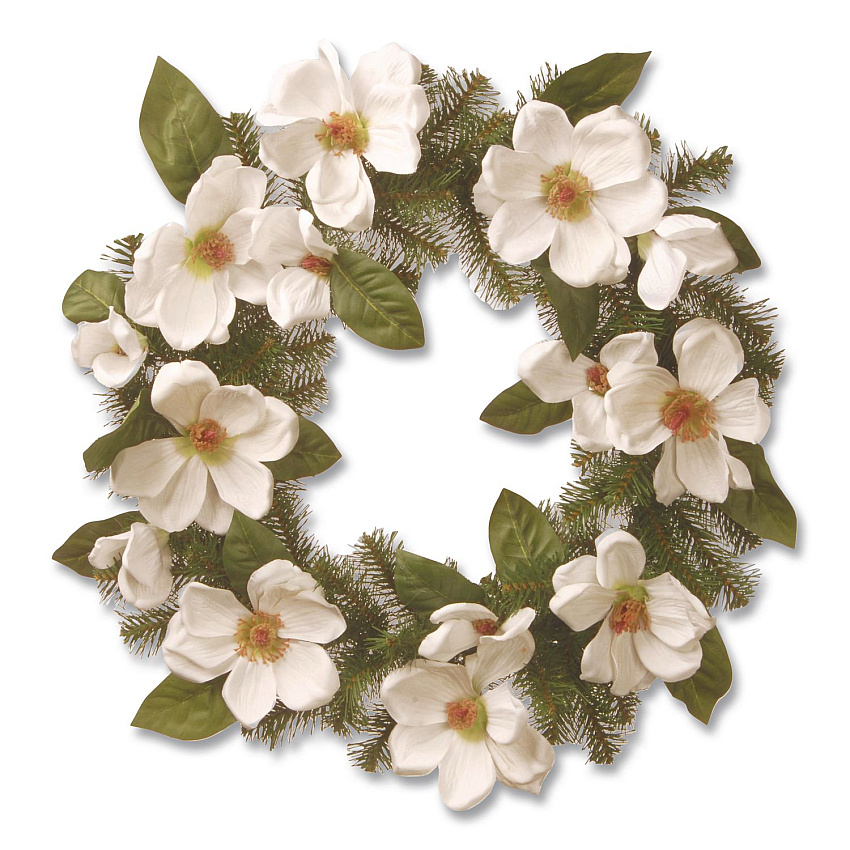 National Tree Company North Valley Spruce Magnolia Wreath, 24" Diameter x 3.5"h, White (NRV71324W)