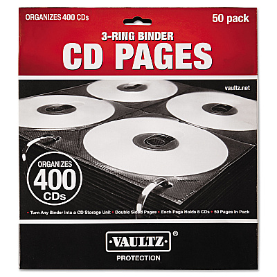 Vaultz Two-Sided CD Refill Pages for Three-Ring Binder, 8 Disc Capacity, Clear/Black, 50/Pack (IDEVZ01415)
