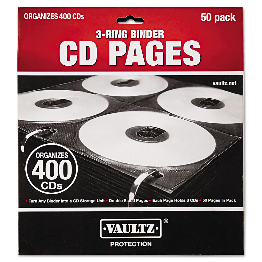 Vaultz Two-Sided CD Refill Pages for Three-Ring Binder, 8 Disc Capacity, Clear/Black, 50/Pack (IDEVZ01415)