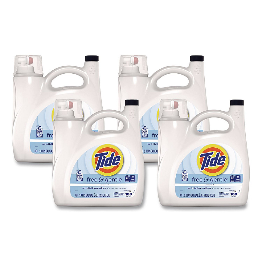 Tide Free and Gentle Liquid Laundry Detergent, HE Compatible, 100 Loads, 132 oz Bottle, 4/Carton (12140)