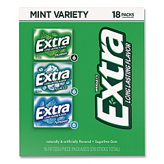 Wrigley's Extra Mint Variety Sugar-Free Gum, Peppermint/Polar Ice/Spearmint, 15 Sticks/Pack, 18 Packs/Carton (22002643)