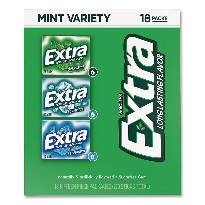 Wrigley's Extra Mint Variety Sugar-Free Gum, Peppermint/Polar Ice/Spearmint, 15 Sticks/Pack, 18 Packs/Carton (22002643)