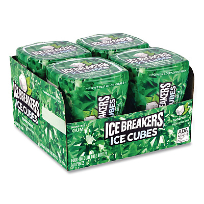 ICE BREAKERS Ice Cubes Spearmint Sugar-Free Gum, Spearmint, 40 Cubes/Bottle, 4 Bottles/Carton (22002651)