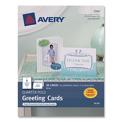 Avery Quarter-Fold Greeting Cards with Matching Envelopes, 80 lb, 5.5 x 4.25, Matte White, 1 Card/Sheet, 20 Sheets/Pack (3266)