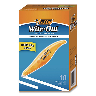 BIC Wite-Out Brand Exact Liner Correction Tape, Non-Refillable, 0.2" x 19.8 ft, White Tape, Translucent Orange Dispenser, 10/Box (WOELP10)