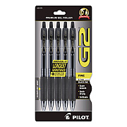 Pilot G2 Premium Gel Pen, Retractable, Fine 0.7 mm, Black Ink, Smoke/Black Barrel, 5/Pack (31078)
