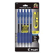 Pilot G2 Premium Gel Pen, Retractable, Fine 0.7 mm, Blue Ink, Smoke/Blue Barrel, 5/Pack (31299)