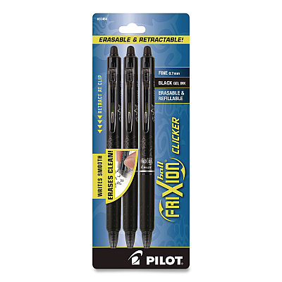 Pilot FriXion Ball Clicker Erasable Gel Pen, Retractable, Fine 0.7 mm, Black Ink, Black Barrel, 3/Pack (31464)