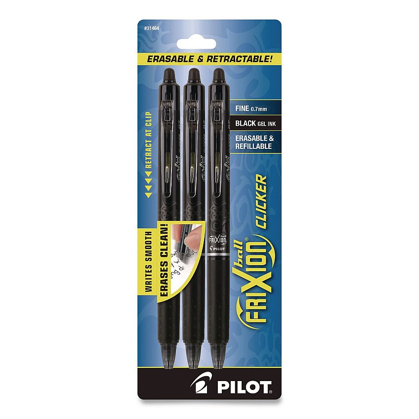 Pilot FriXion Ball Clicker Erasable Gel Pen, Retractable, Fine 0.7 mm, Black Ink, Black Barrel, 3/Pack (31464)