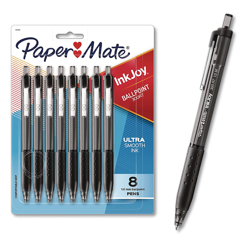 Paper Mate InkJoy 300 RT Ballpoint Pen, Retractable, Medium 1 mm, Black Ink, Black Barrel, 8/Pack (1945920)