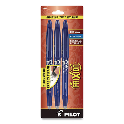 Pilot FriXion Ball Erasable Gel Pen, Stick, Fine 0.7 mm, Blue Ink, Blue Barrel, 3/Pack (31567)