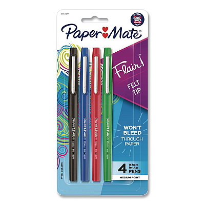 Paper Mate Flair Felt Tip Porous Point Pen, Stick, Medium 0.7 mm, Assorted Ink and Barrel Colors, 4/Set (8404452PP)