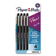 Paper Mate Flair Felt Tip Porous Point Pen, Stick, Medium 0.7 mm, Black Ink, Black Barrel, 4/Pack (8434452PP)