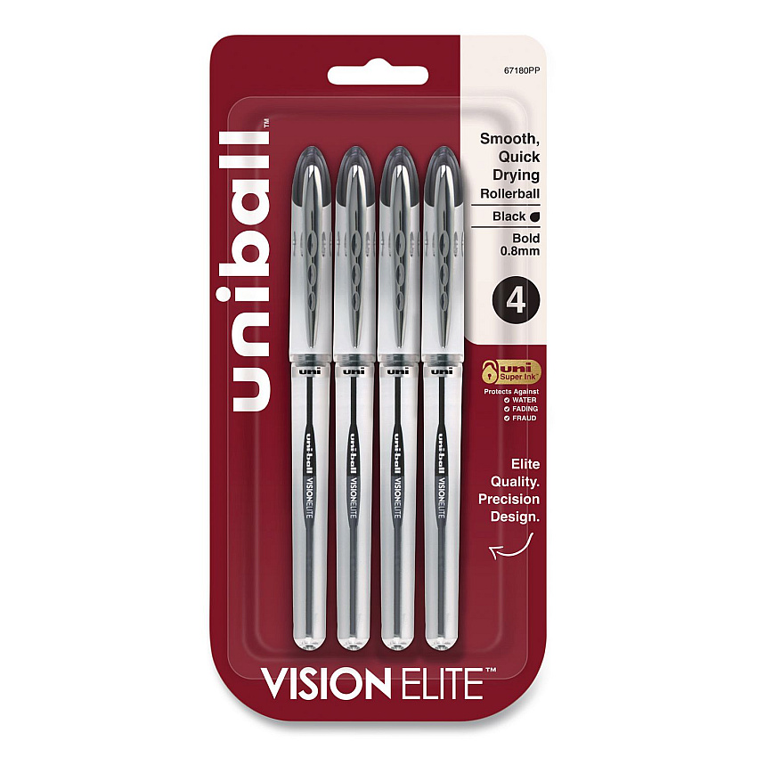 uniball VISION ELITE Rollerball Pen, Stick, Bold 0.8 mm, Black Ink, White/Black/Clear Barrel, 4/Pack (67180)